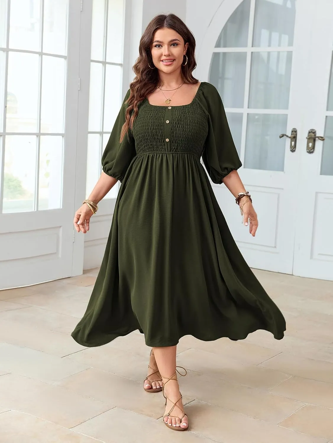 Women's Plus Size Casual Dresses Square Neck Button Up Smocked 3/4 Puff Sleeve Empire Wasit A-line Flowy Midi Dress
