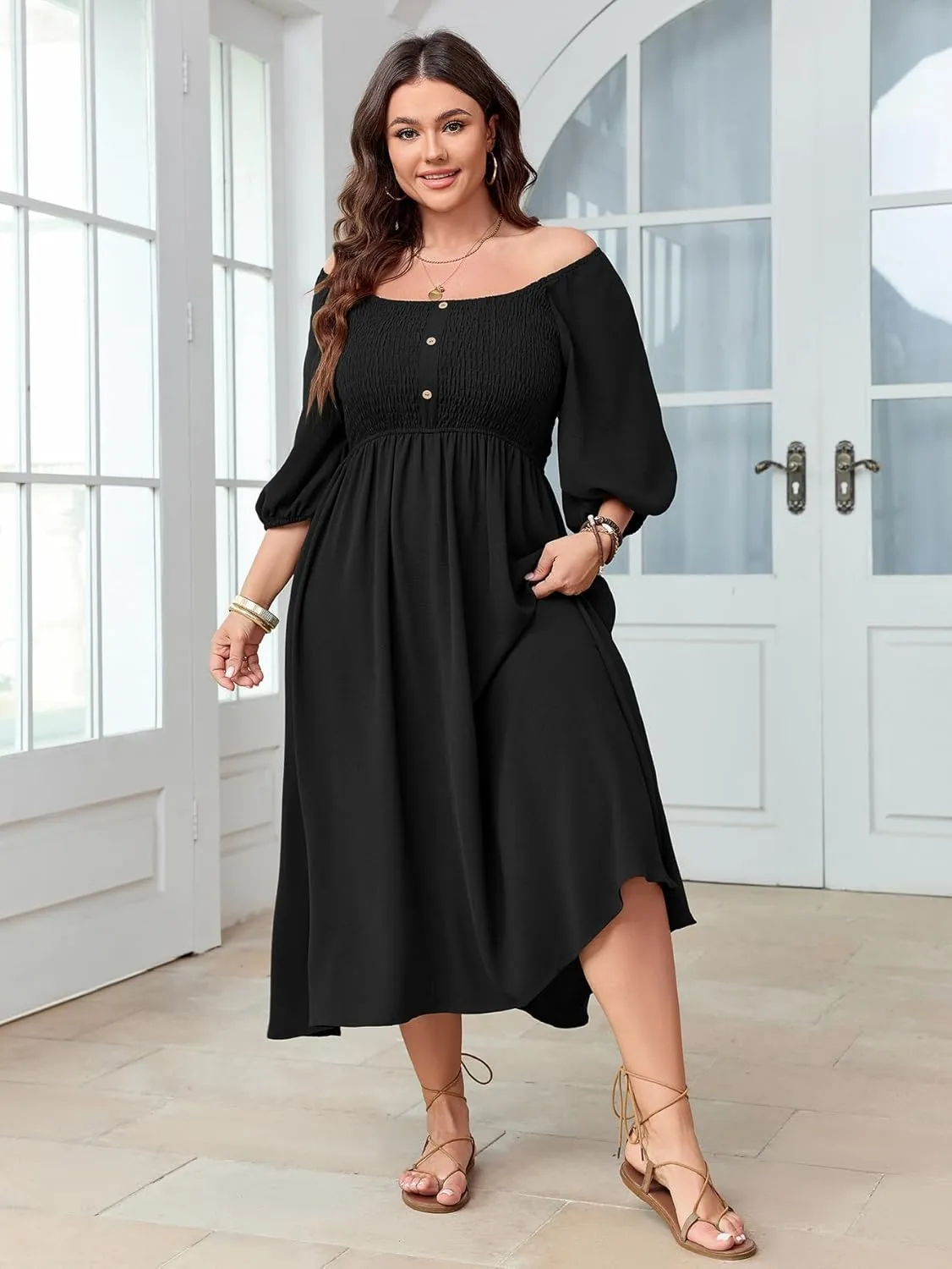 Women's Plus Size Casual Dresses Square Neck Button Up Smocked 3/4 Puff Sleeve Empire Wasit A-line Flowy Midi Dress