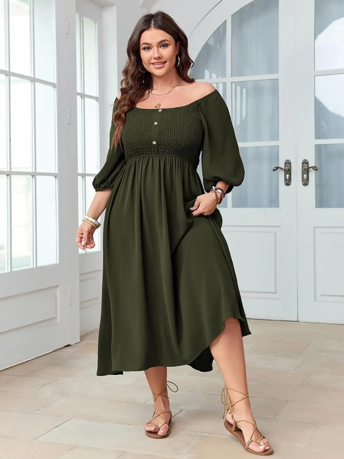 Women's Plus Size Casual Dresses Square Neck Button Up Smocked 3/4 Puff Sleeve Empire Wasit A-line Flowy Midi Dress