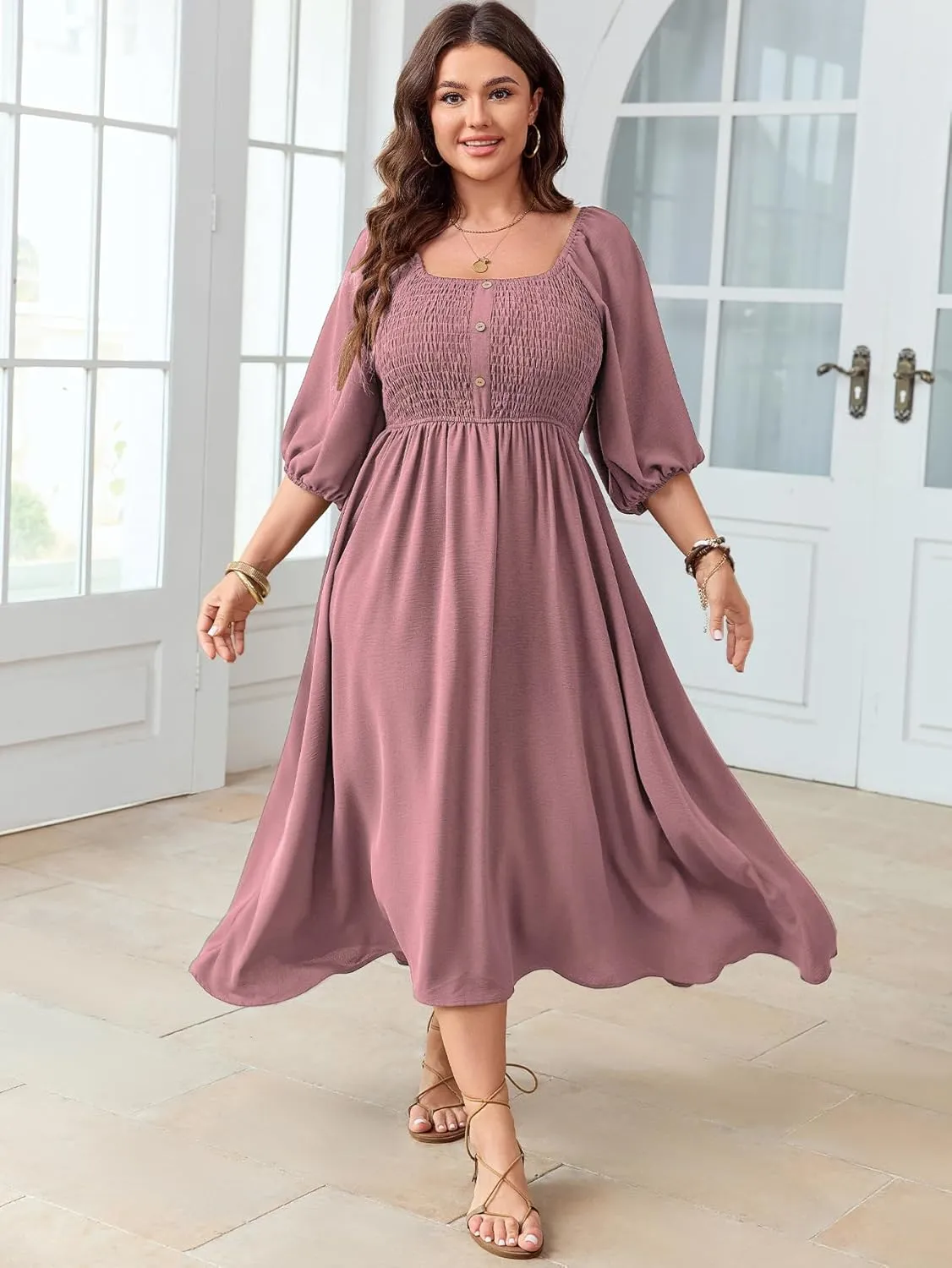 Women's Plus Size Casual Dresses Square Neck Button Up Smocked 3/4 Puff Sleeve Empire Wasit A-line Flowy Midi Dress