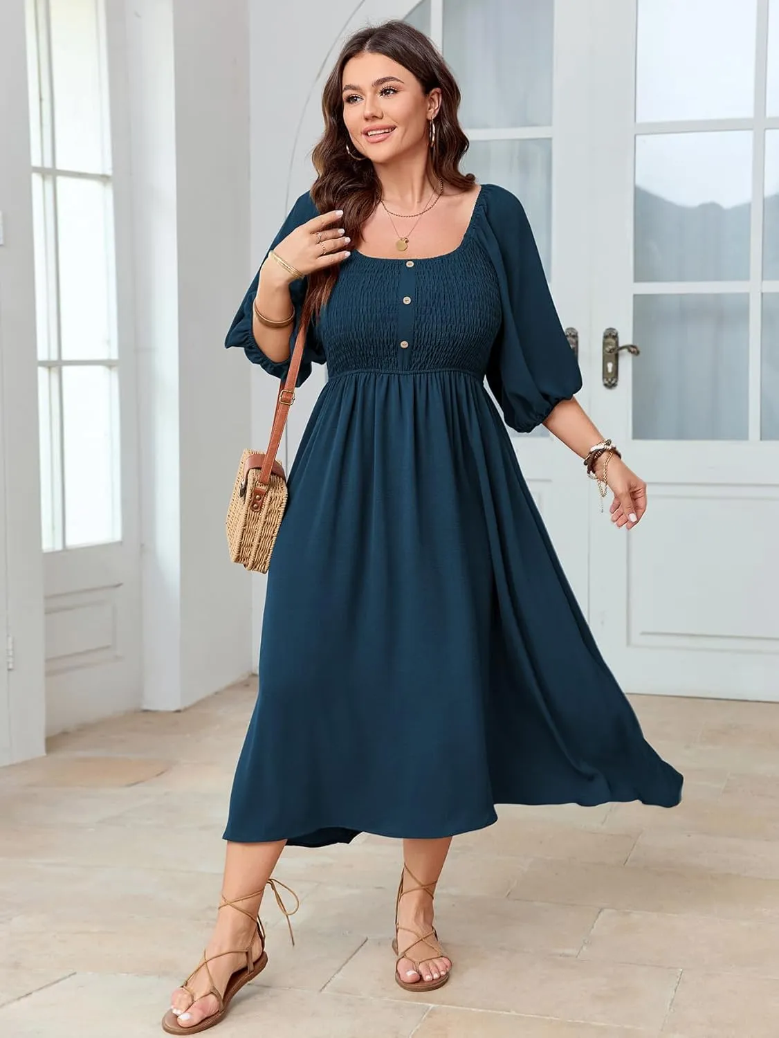 Women's Plus Size Casual Dresses Square Neck Button Up Smocked 3/4 Puff Sleeve Empire Wasit A-line Flowy Midi Dress