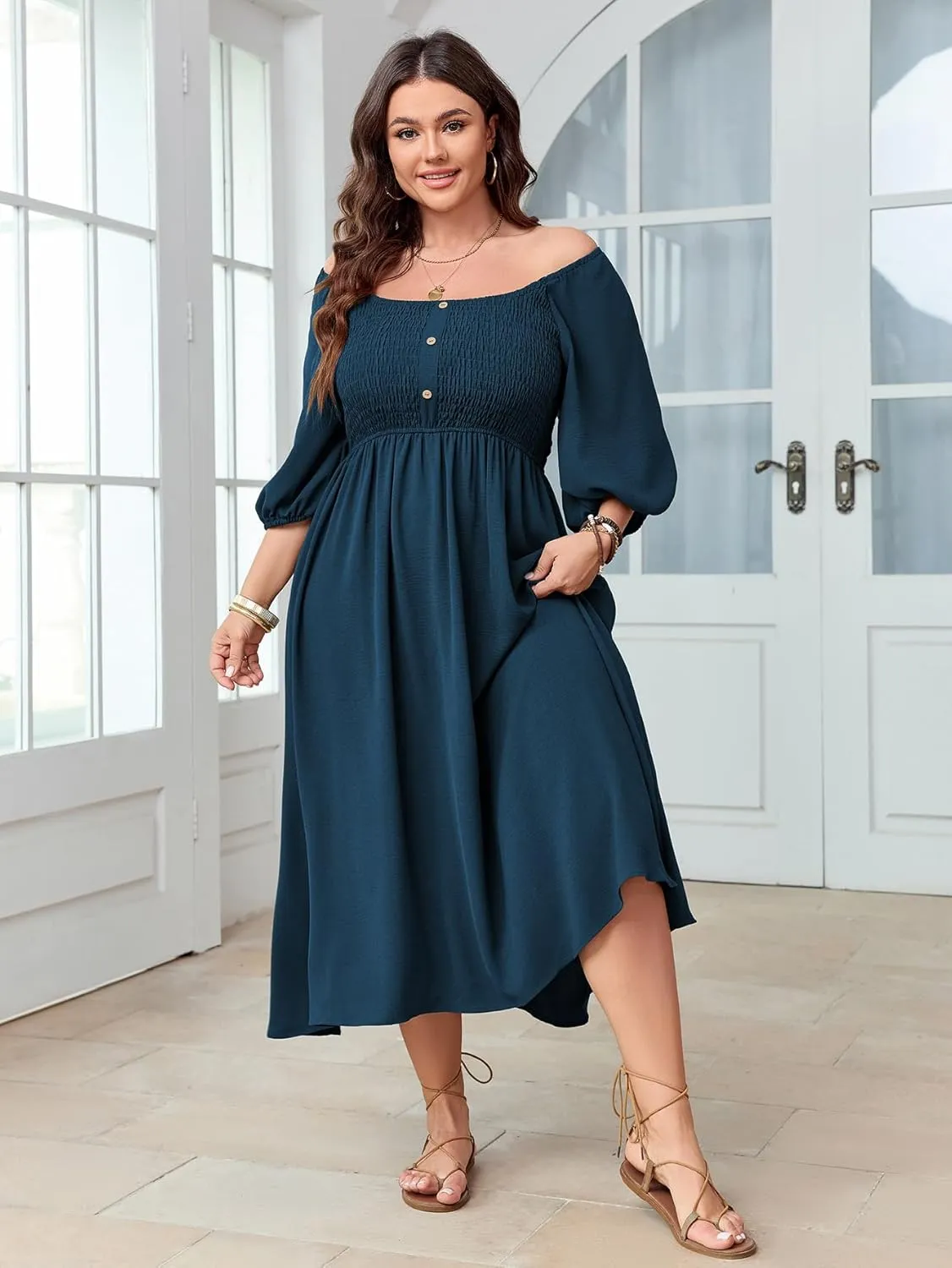 Women's Plus Size Casual Dresses Square Neck Button Up Smocked 3/4 Puff Sleeve Empire Wasit A-line Flowy Midi Dress