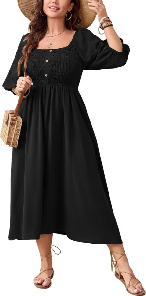 Women's Plus Size Casual Dresses Square Neck Button Up Smocked 3/4 Puff Sleeve Empire Wasit A-line Flowy Midi Dress