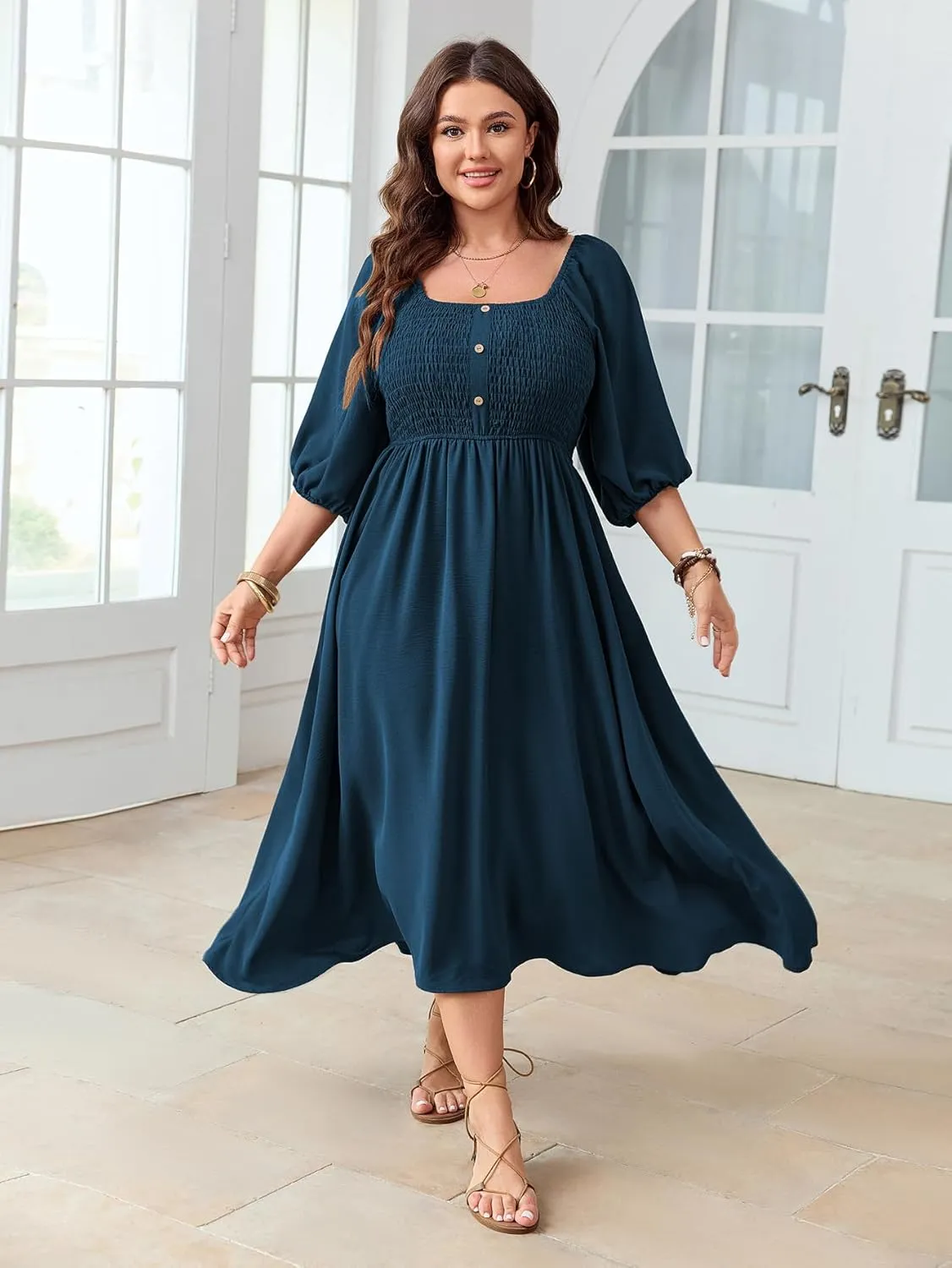 Women's Plus Size Casual Dresses Square Neck Button Up Smocked 3/4 Puff Sleeve Empire Wasit A-line Flowy Midi Dress