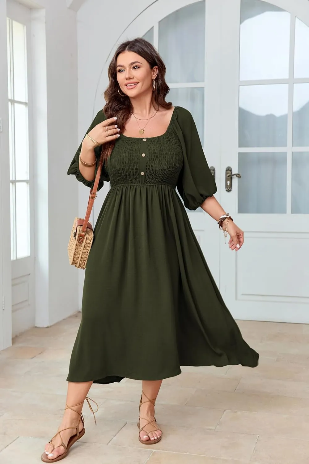 Women's Plus Size Casual Dresses Square Neck Button Up Smocked 3/4 Puff Sleeve Empire Wasit A-line Flowy Midi Dress