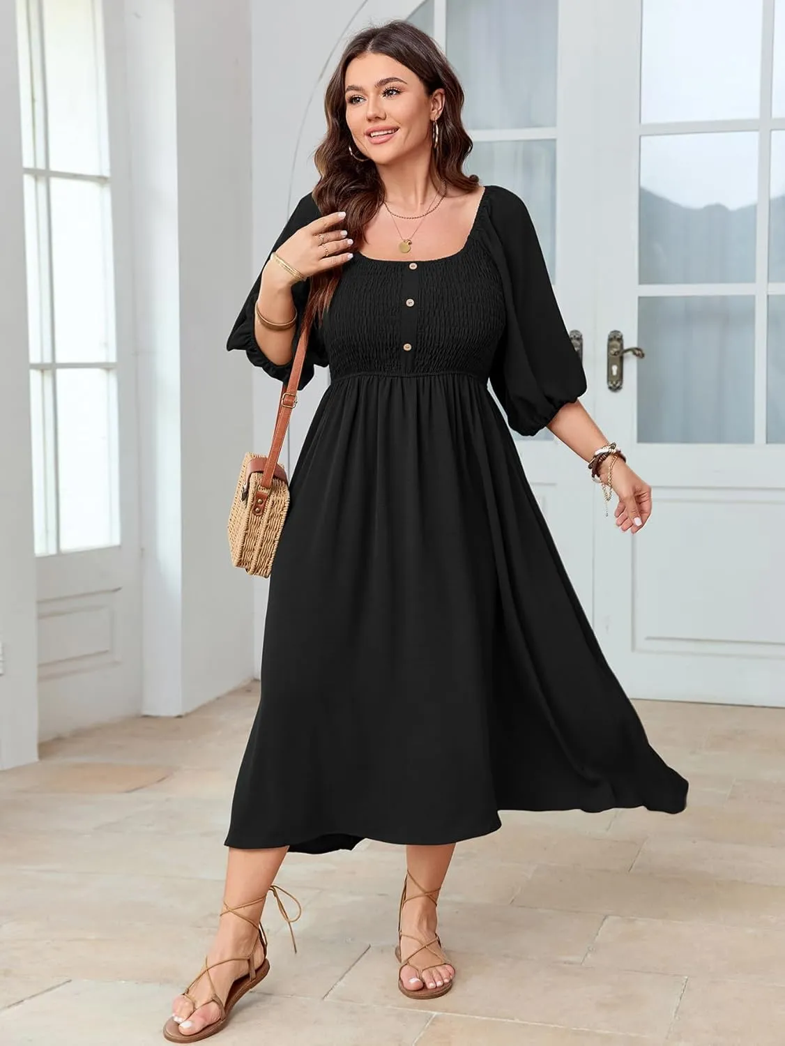 Women's Plus Size Casual Dresses Square Neck Button Up Smocked 3/4 Puff Sleeve Empire Wasit A-line Flowy Midi Dress