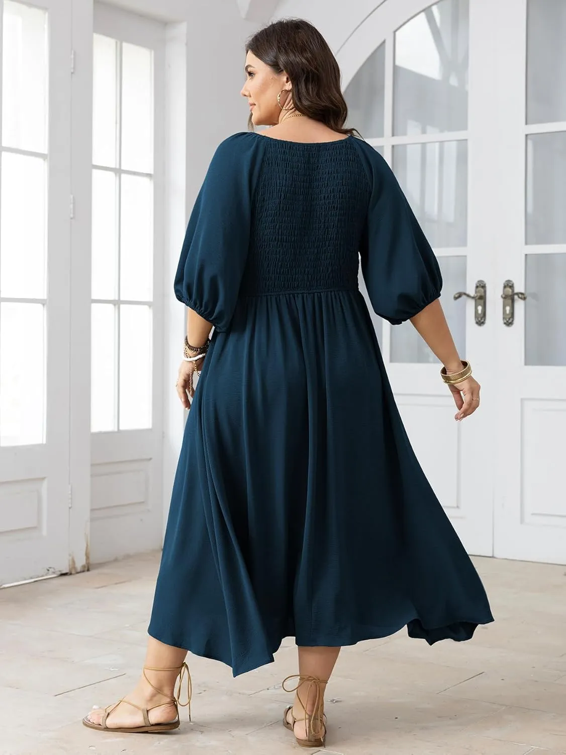Women's Plus Size Casual Dresses Square Neck Button Up Smocked 3/4 Puff Sleeve Empire Wasit A-line Flowy Midi Dress