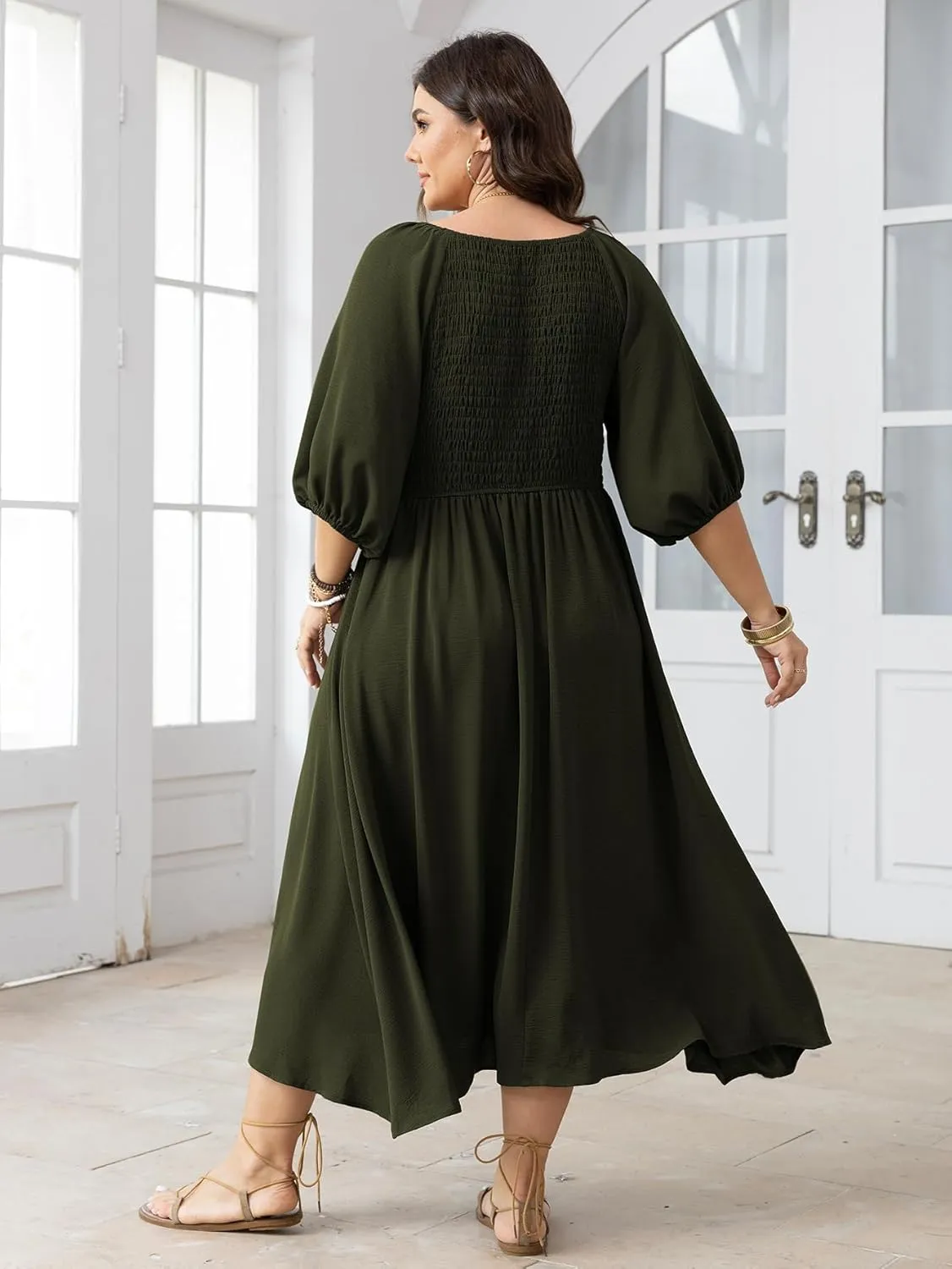 Women's Plus Size Casual Dresses Square Neck Button Up Smocked 3/4 Puff Sleeve Empire Wasit A-line Flowy Midi Dress