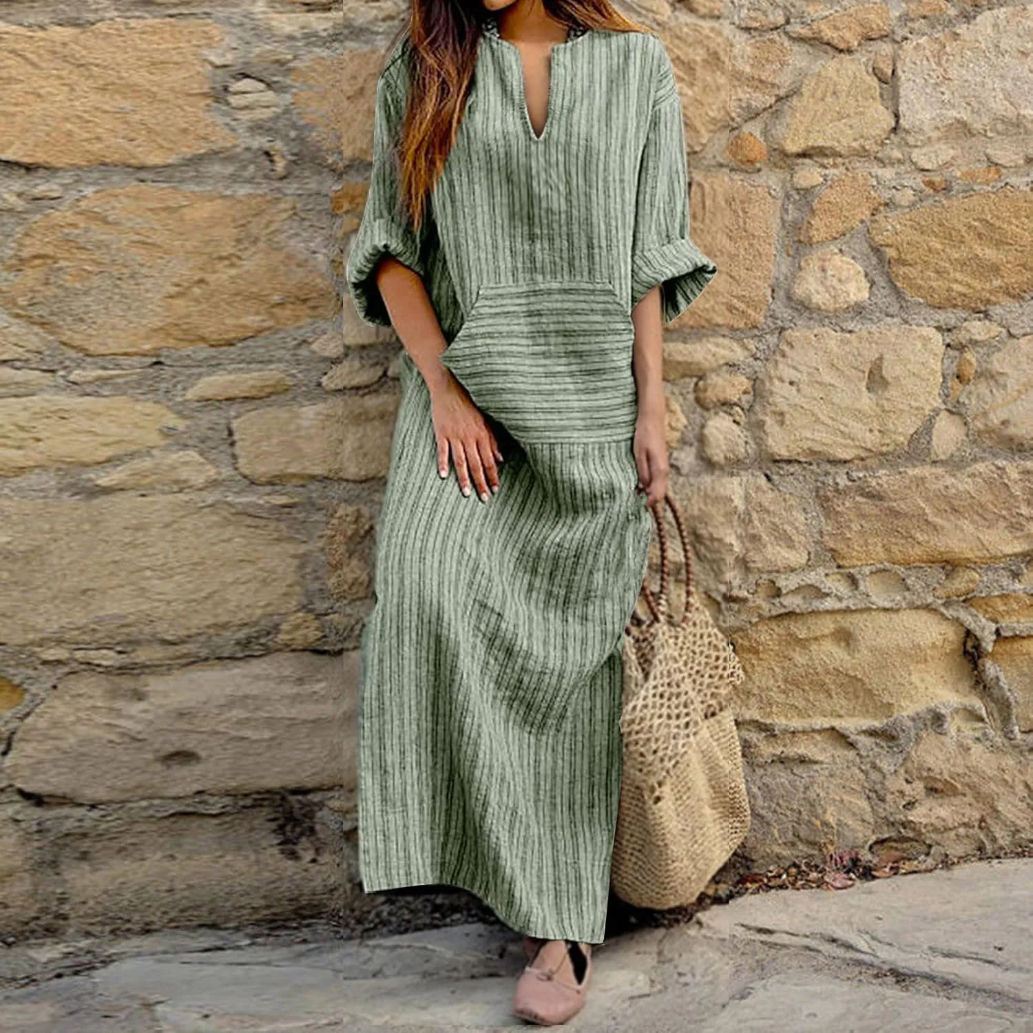 Women's Plus Size Cotton Linen Dresses Striped V Neck Caftans 3/4 Sleeve Casual Loose Maxi Beach Dress with Pockets