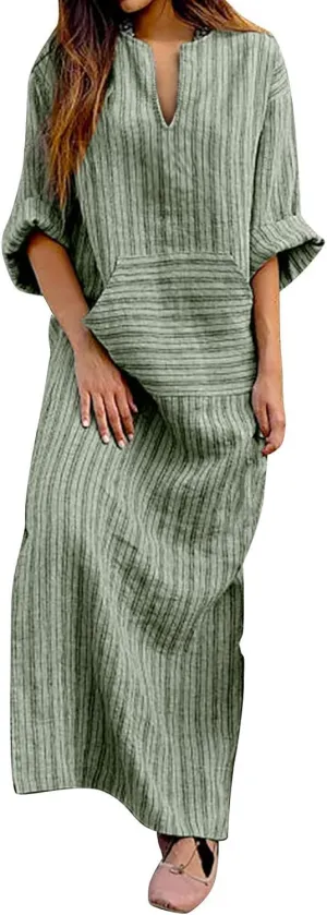 Women's Plus Size Cotton Linen Dresses Striped V Neck Caftans 3/4 Sleeve Casual Loose Maxi Beach Dress with Pockets
