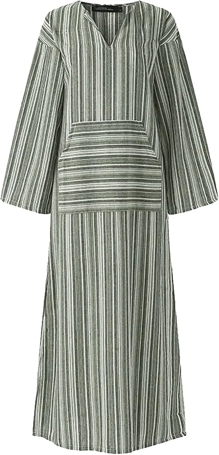 Women's Plus Size Cotton Linen Dresses Striped V Neck Caftans 3/4 Sleeve Casual Loose Maxi Beach Dress with Pockets