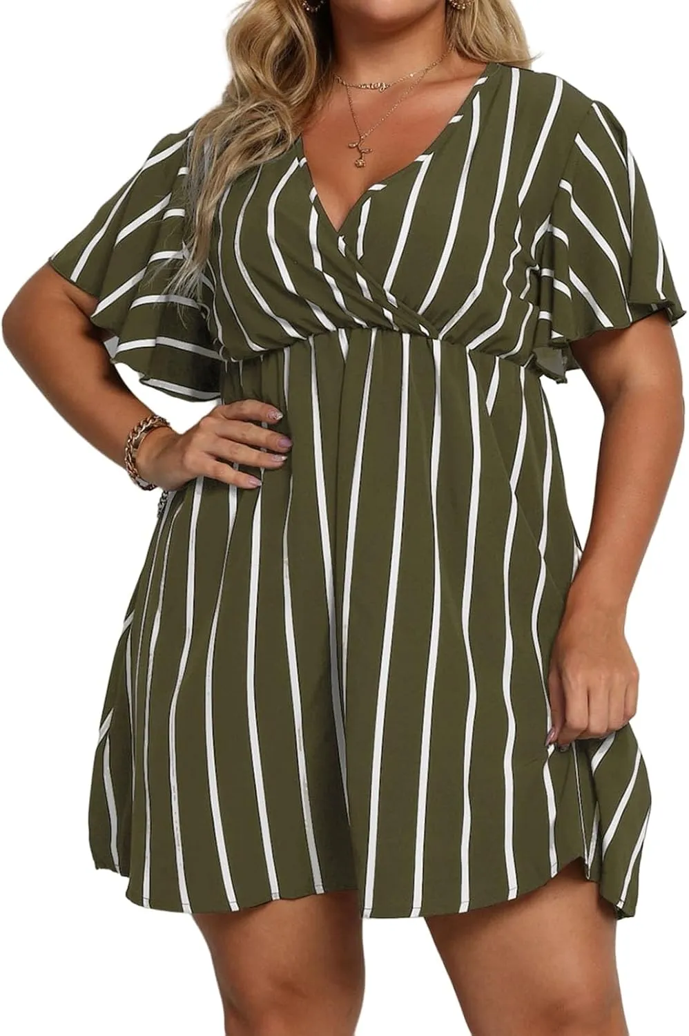 Women's Plus Size Dress Striped Print Wrap V Neck Short Sleeve A Line Dresses Summer Casual Tunic Fashion Dress