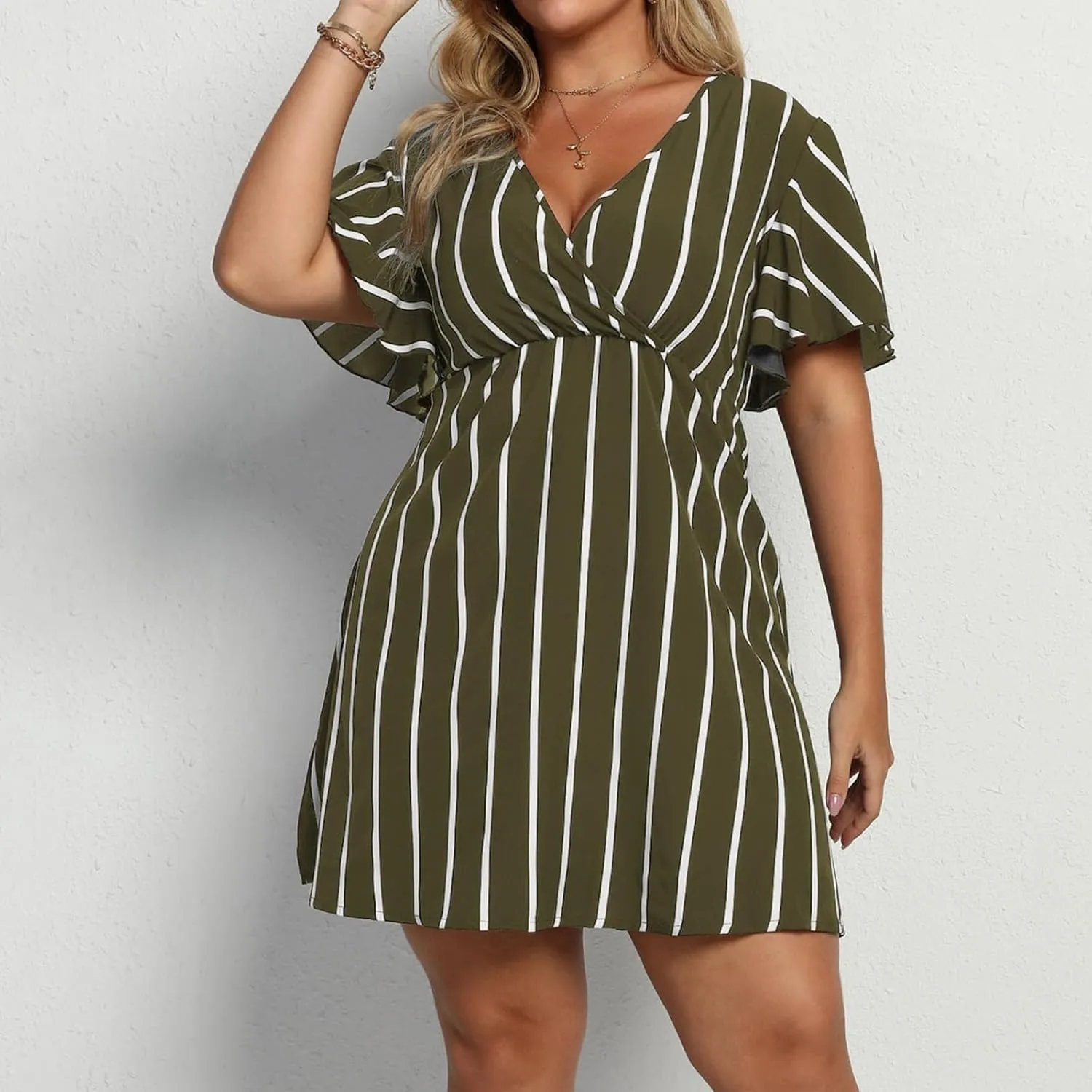 Women's Plus Size Dress Striped Print Wrap V Neck Short Sleeve A Line Dresses Summer Casual Tunic Fashion Dress