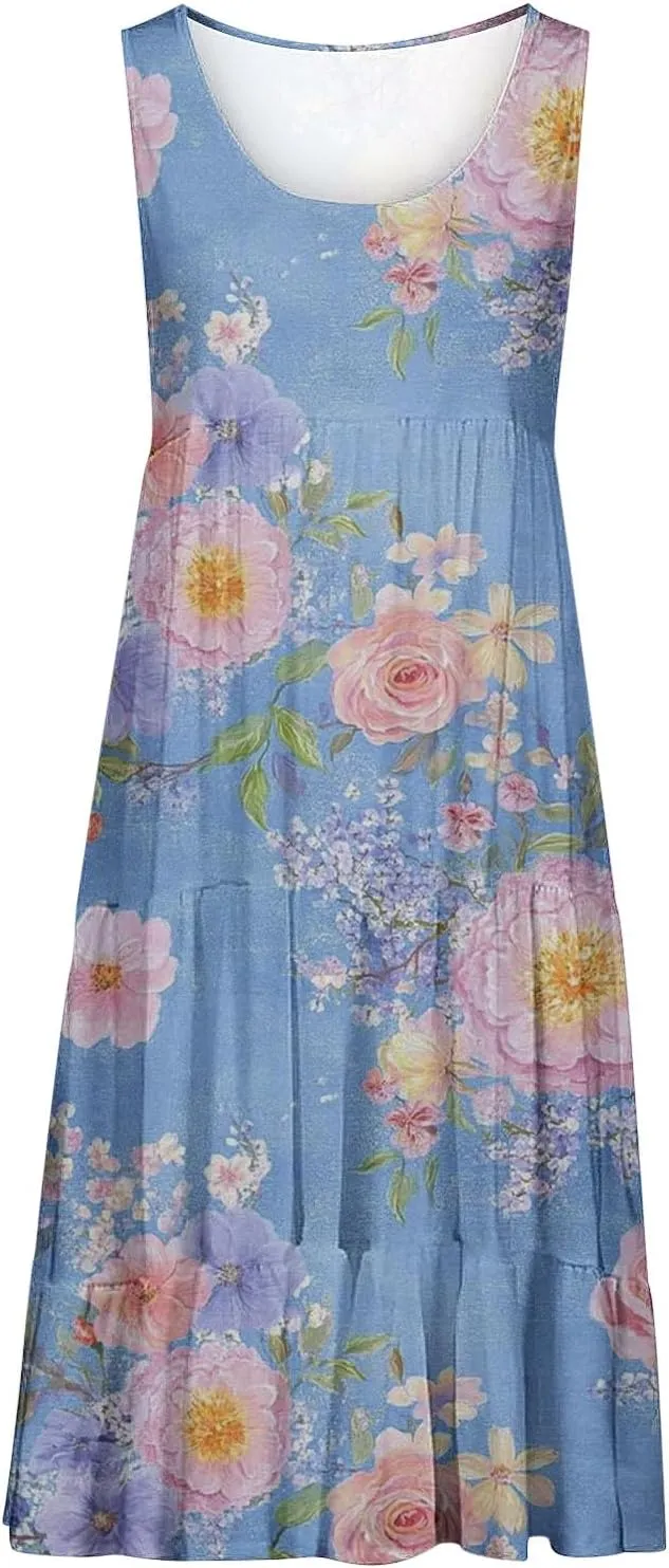 Womens Plus Size Dresses Summer Floral Printed Sleeveless Dress Boho Beach A-Line Sundress Tank Dresses for Women 2025