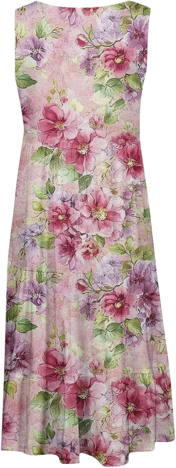 Womens Plus Size Dresses Summer Floral Printed Sleeveless Dress Boho Beach A-Line Sundress Tank Dresses for Women 2025