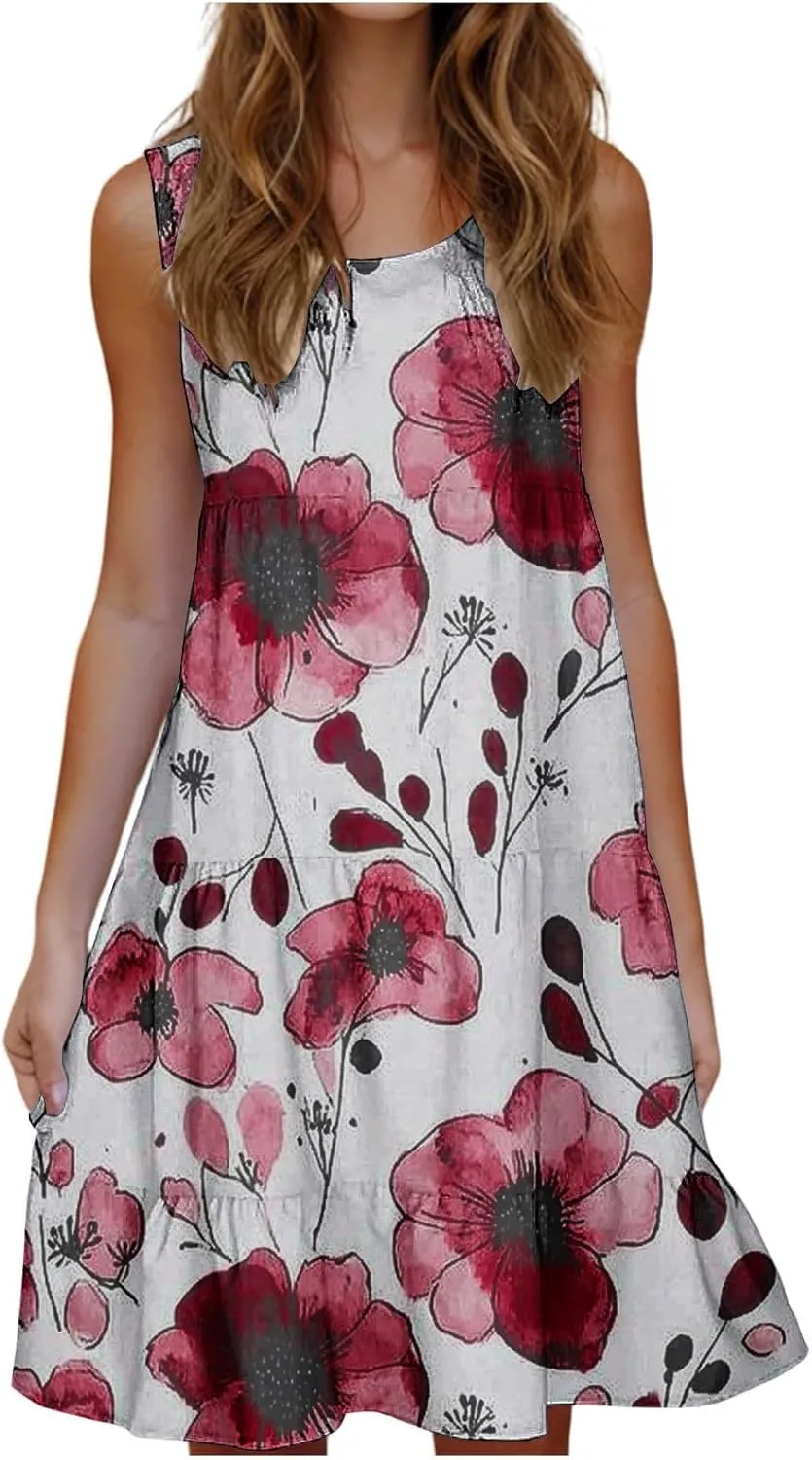 Womens Plus Size Dresses Summer Floral Printed Sleeveless Dress Boho Beach A-Line Sundress Tank Dresses for Women 2025