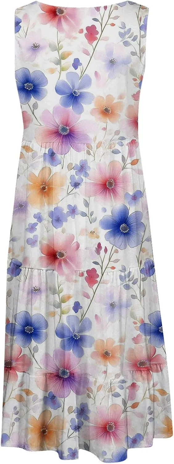 Womens Plus Size Dresses Summer Floral Printed Sleeveless Dress Boho Beach A-Line Sundress Tank Dresses for Women 2025