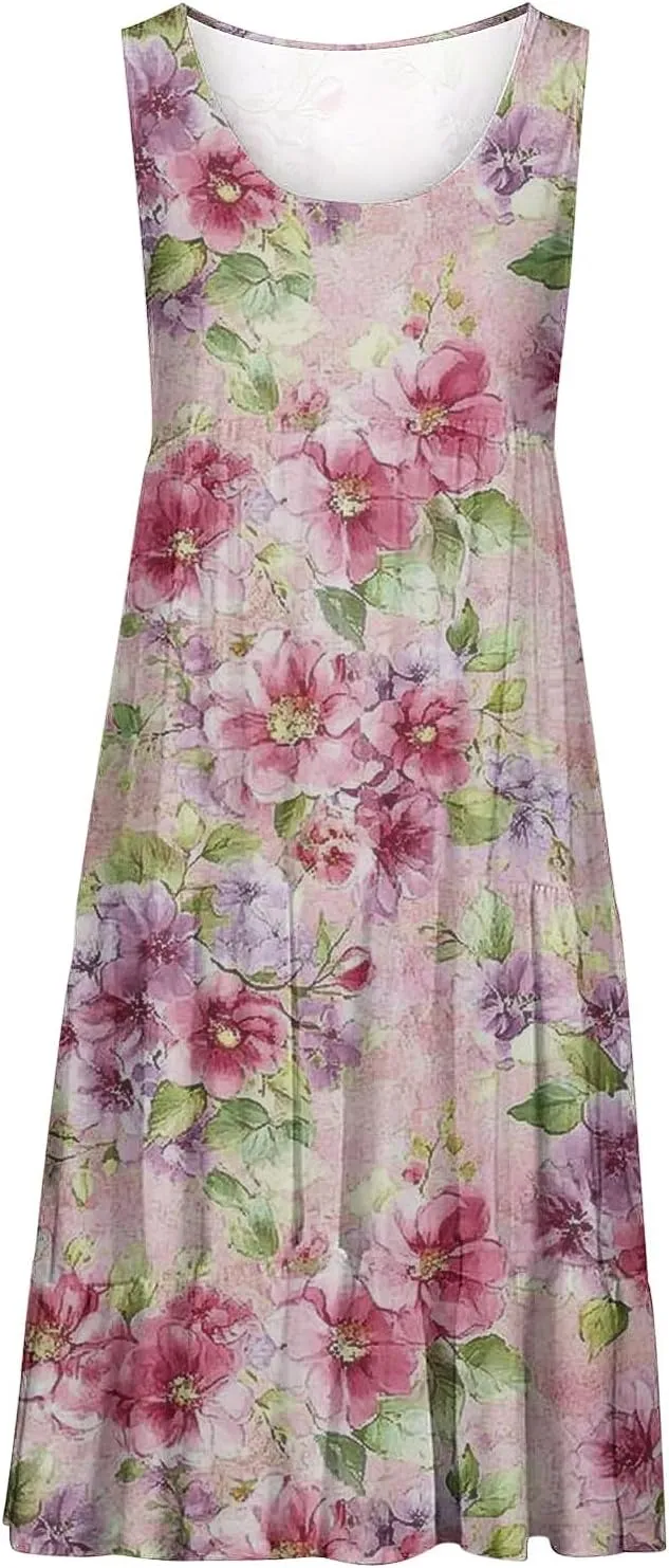 Womens Plus Size Dresses Summer Floral Printed Sleeveless Dress Boho Beach A-Line Sundress Tank Dresses for Women 2025