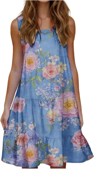 Womens Plus Size Dresses Summer Floral Printed Sleeveless Dress Boho Beach A-Line Sundress Tank Dresses for Women 2025