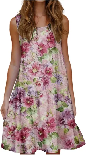 Womens Plus Size Dresses Summer Floral Printed Sleeveless Dress Boho Beach A-Line Sundress Tank Dresses for Women 2025