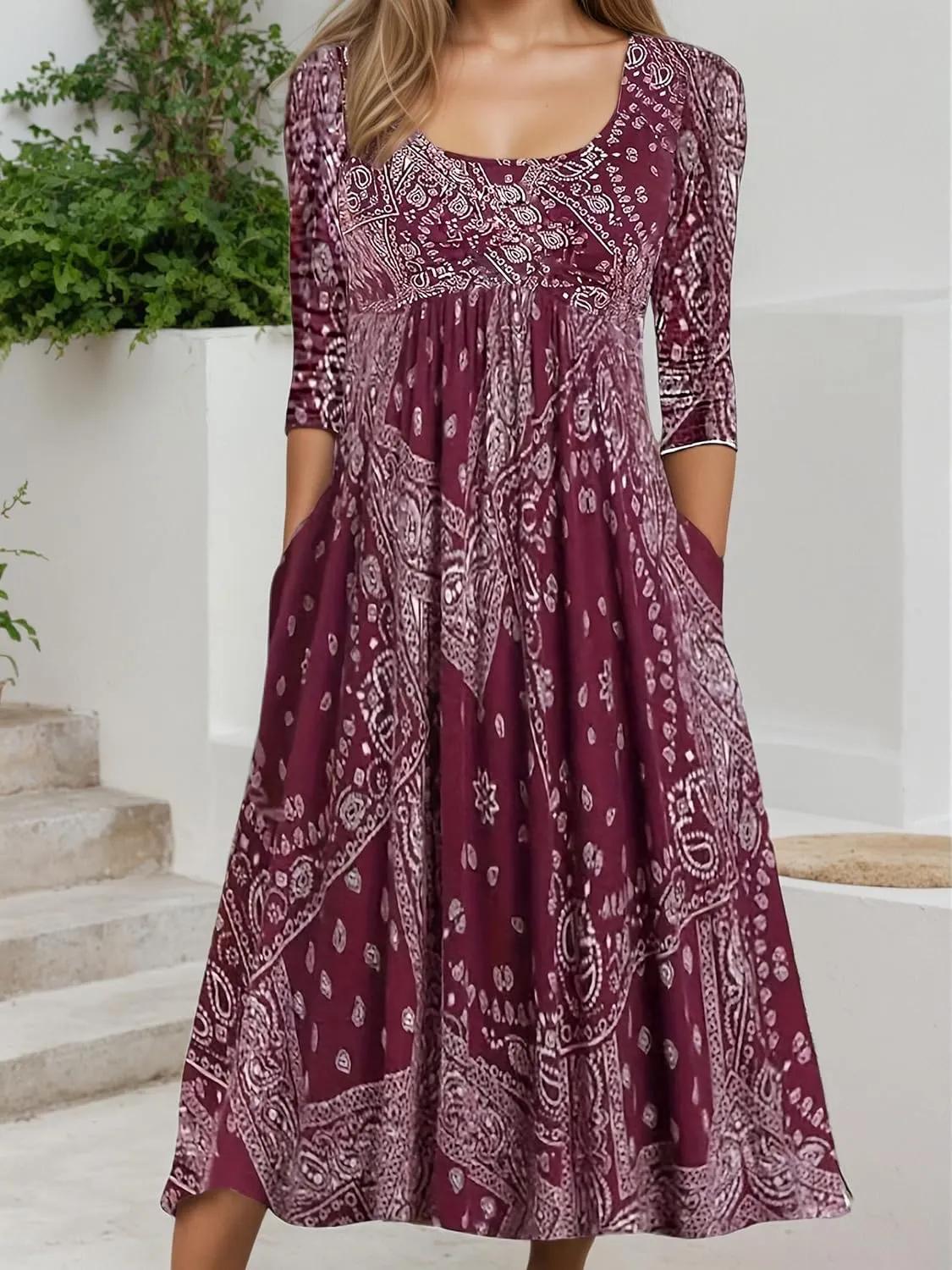 Womens Plus Size Floral Midi Dresses 2025 Casual Smocked Crewneck Long Dress with Pockets Long Sleeve Vacation Dress