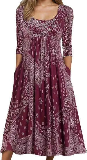 Womens Plus Size Floral Midi Dresses 2025 Casual Smocked Crewneck Long Dress with Pockets Long Sleeve Vacation Dress