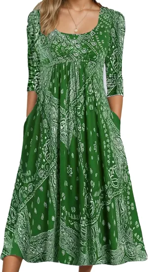 Womens Plus Size Floral Midi Dresses 2025 Casual Smocked Crewneck Long Dress with Pockets Long Sleeve Vacation Dress