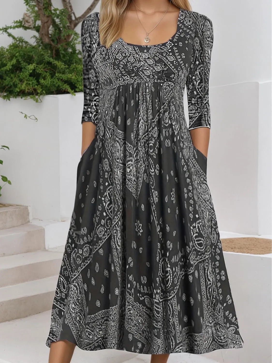 Womens Plus Size Floral Midi Dresses 2025 Casual Smocked Crewneck Long Dress with Pockets Long Sleeve Vacation Dress