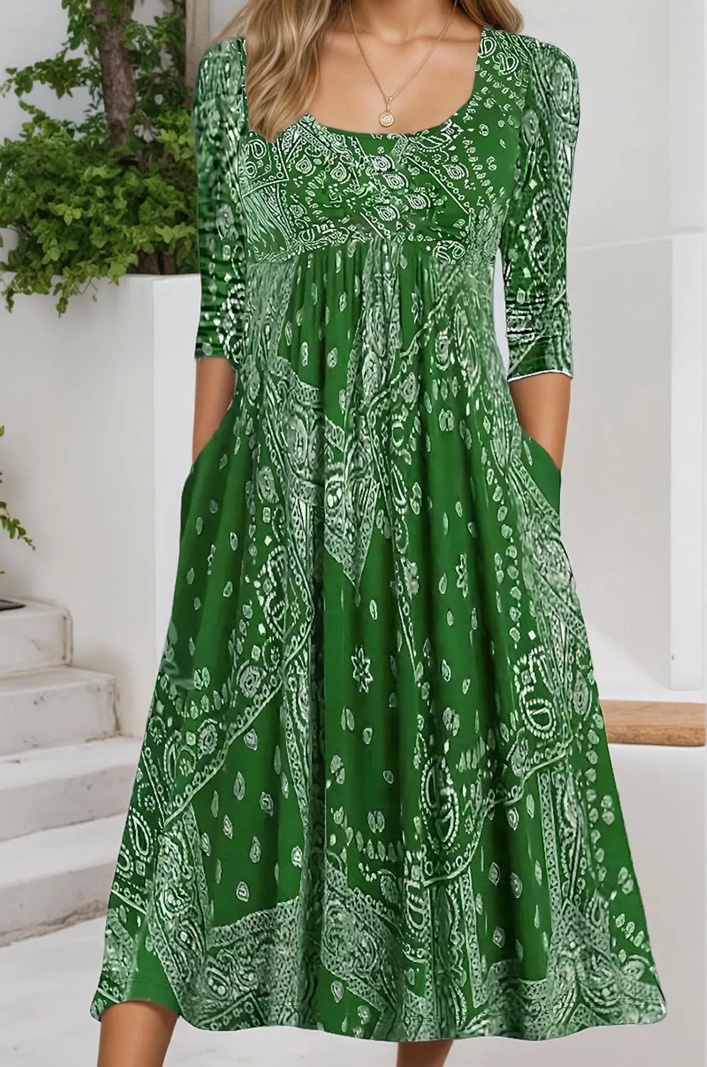Womens Plus Size Floral Midi Dresses 2025 Casual Smocked Crewneck Long Dress with Pockets Long Sleeve Vacation Dress