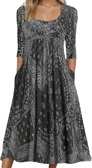 Womens Plus Size Floral Midi Dresses 2025 Casual Smocked Crewneck Long Dress with Pockets Long Sleeve Vacation Dress
