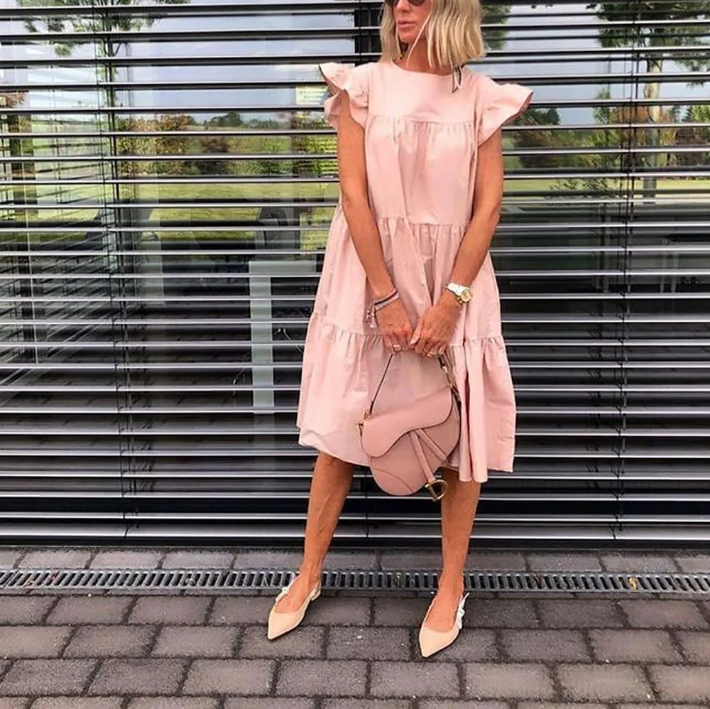 Women's Plus Size Loose Casual Ruffle Short Sleeve Crew Neck Tiered Babydoll Midi Dress Beach Sundress 2024