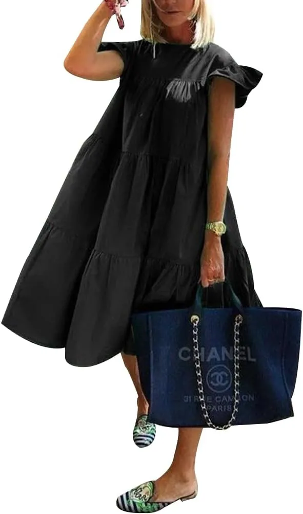 Women's Plus Size Loose Casual Ruffle Short Sleeve Crew Neck Tiered Babydoll Midi Dress Beach Sundress 2024