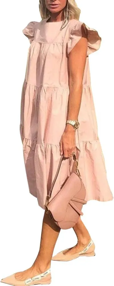 Women's Plus Size Loose Casual Ruffle Short Sleeve Crew Neck Tiered Babydoll Midi Dress Beach Sundress 2024