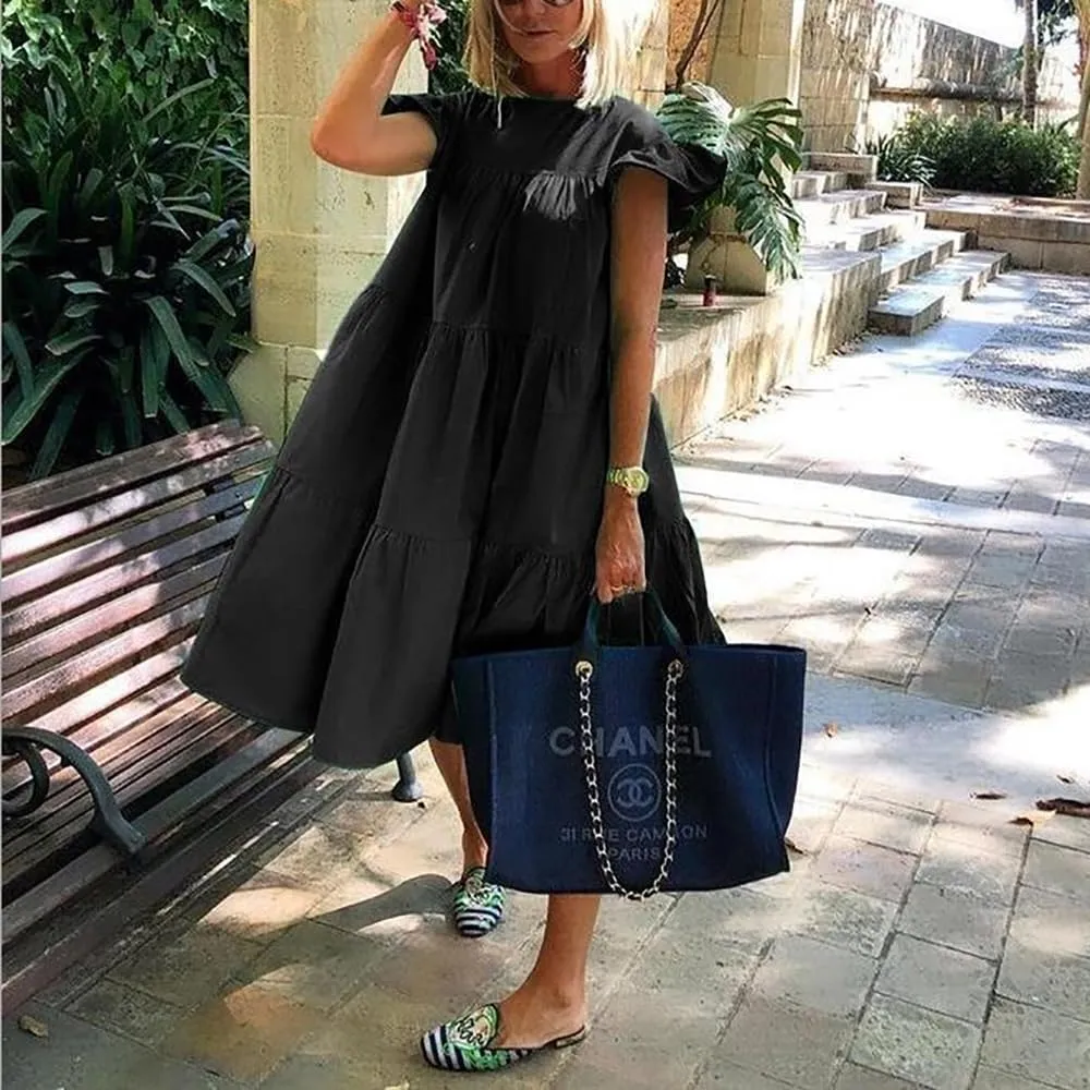 Women's Plus Size Loose Casual Ruffle Short Sleeve Crew Neck Tiered Babydoll Midi Dress Beach Sundress 2024