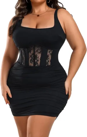 Womens Plus Size Sexy Ruched Bodycon Dress Sleeveless Square Neck Club Party Dresses
