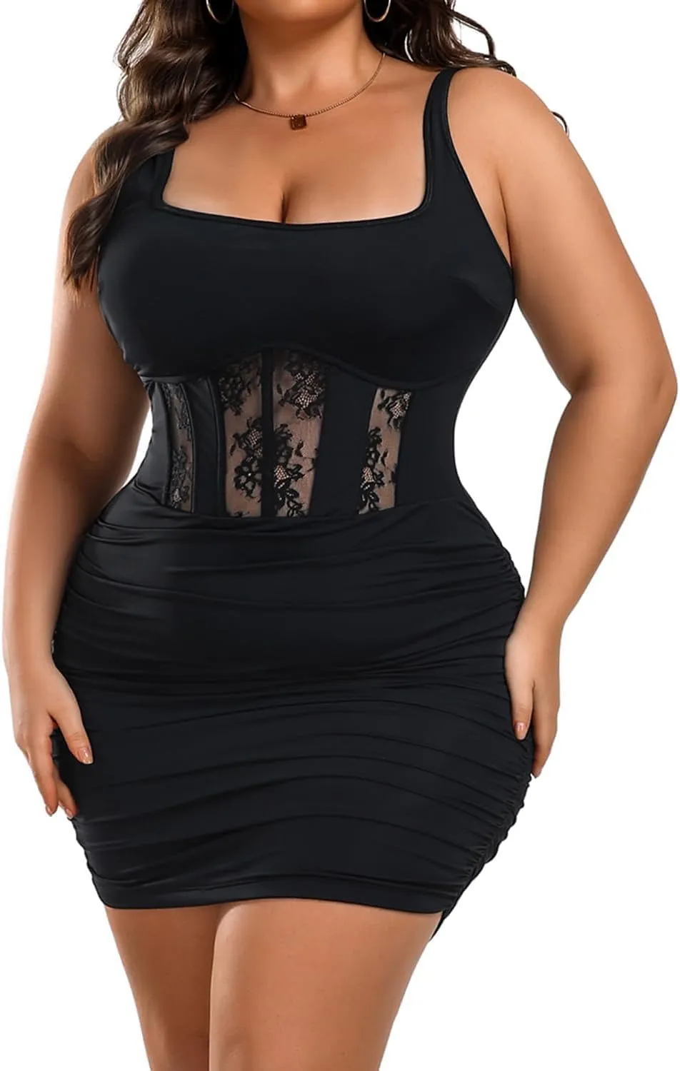 Womens Plus Size Sexy Ruched Bodycon Dress Sleeveless Square Neck Club Party Dresses