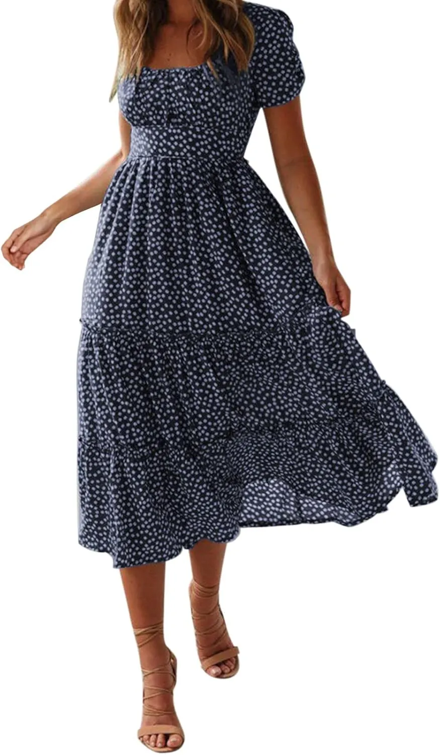 Womens Polka Dot Summer Maxi Dresses Square Neck Boho Tiered Flowy Long Dress Trendy Smocked Ruffle Hem A-Line Dresses