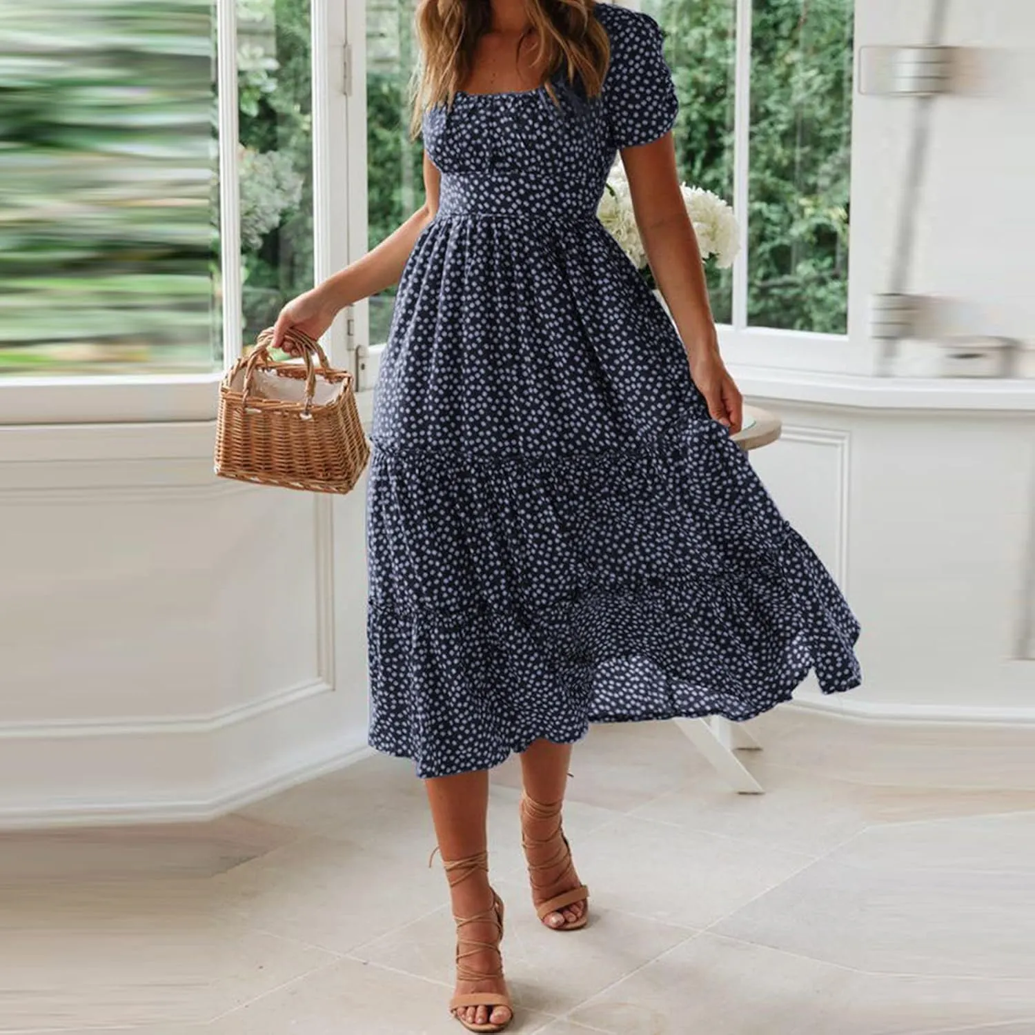 Womens Polka Dot Summer Maxi Dresses Square Neck Boho Tiered Flowy Long Dress Trendy Smocked Ruffle Hem A-Line Dresses