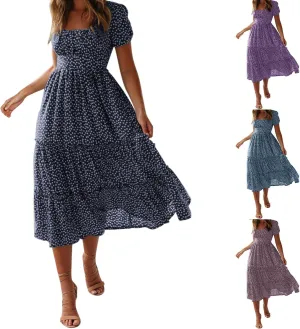 Womens Polka Dot Summer Maxi Dresses Square Neck Boho Tiered Flowy Long Dress Trendy Smocked Ruffle Hem A-Line Dresses