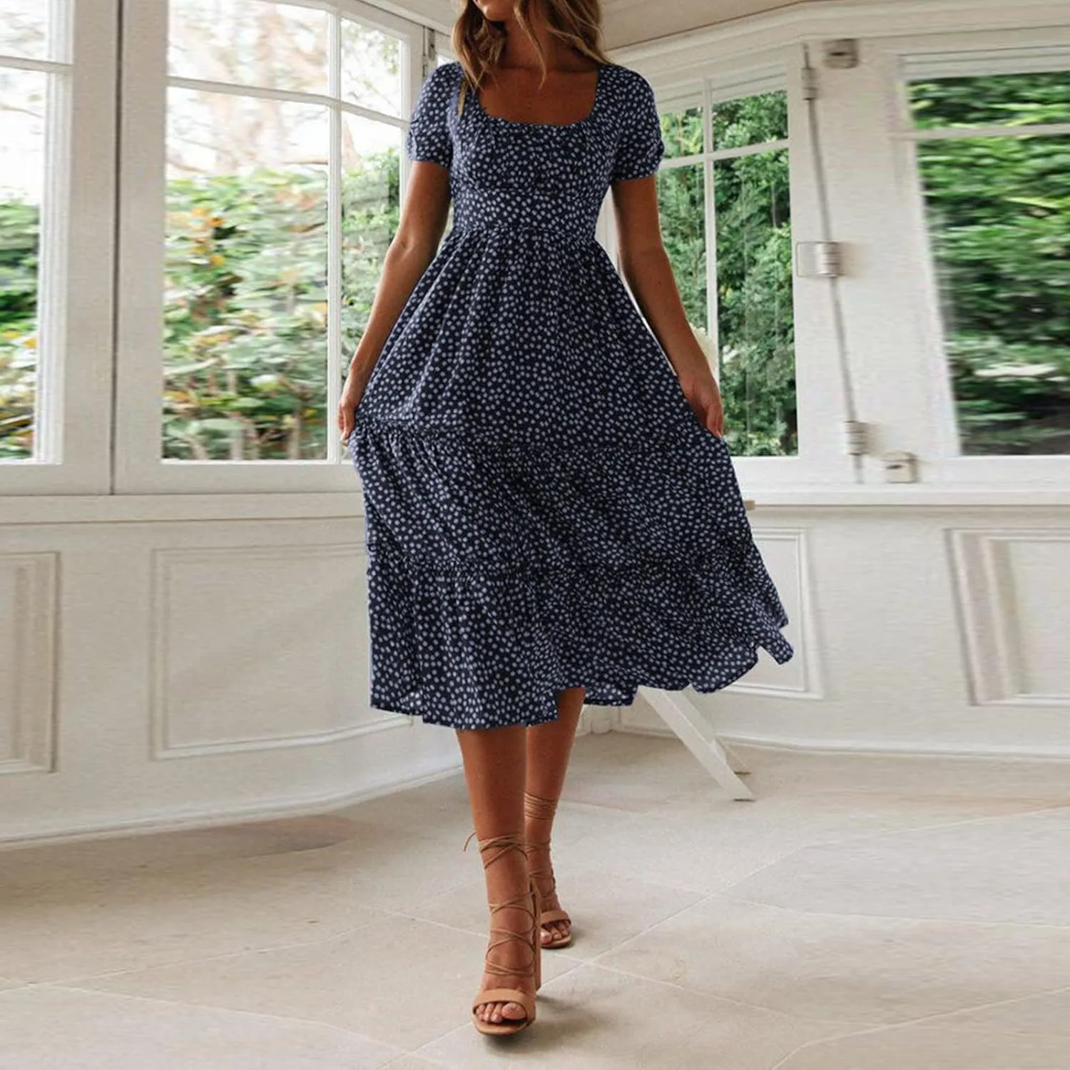 Womens Polka Dot Summer Maxi Dresses Square Neck Boho Tiered Flowy Long Dress Trendy Smocked Ruffle Hem A-Line Dresses