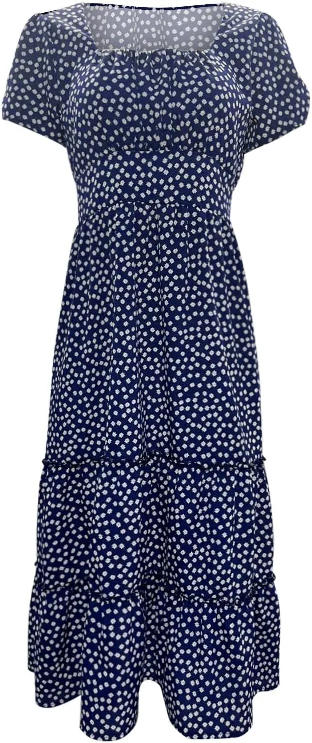 Womens Polka Dot Summer Maxi Dresses Square Neck Boho Tiered Flowy Long Dress Trendy Smocked Ruffle Hem A-Line Dresses