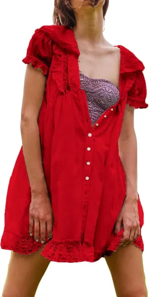 Womens Puff Short Sleeve Mini Dress Flowy Y2k Ruffle Lace Trim Babydoll Tie Bow Front Embroidered A Line Dresses