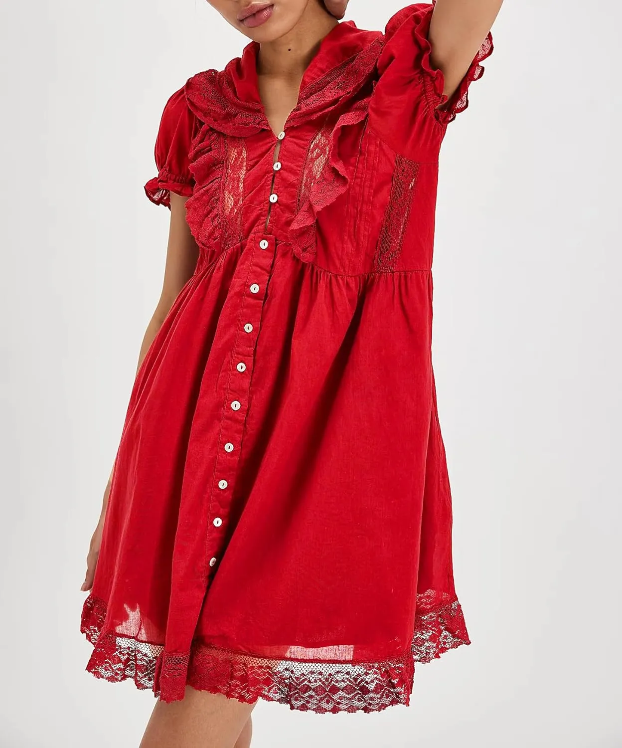 Womens Puff Short Sleeve Mini Dress Flowy Y2k Ruffle Lace Trim Babydoll Tie Bow Front Embroidered A Line Dresses