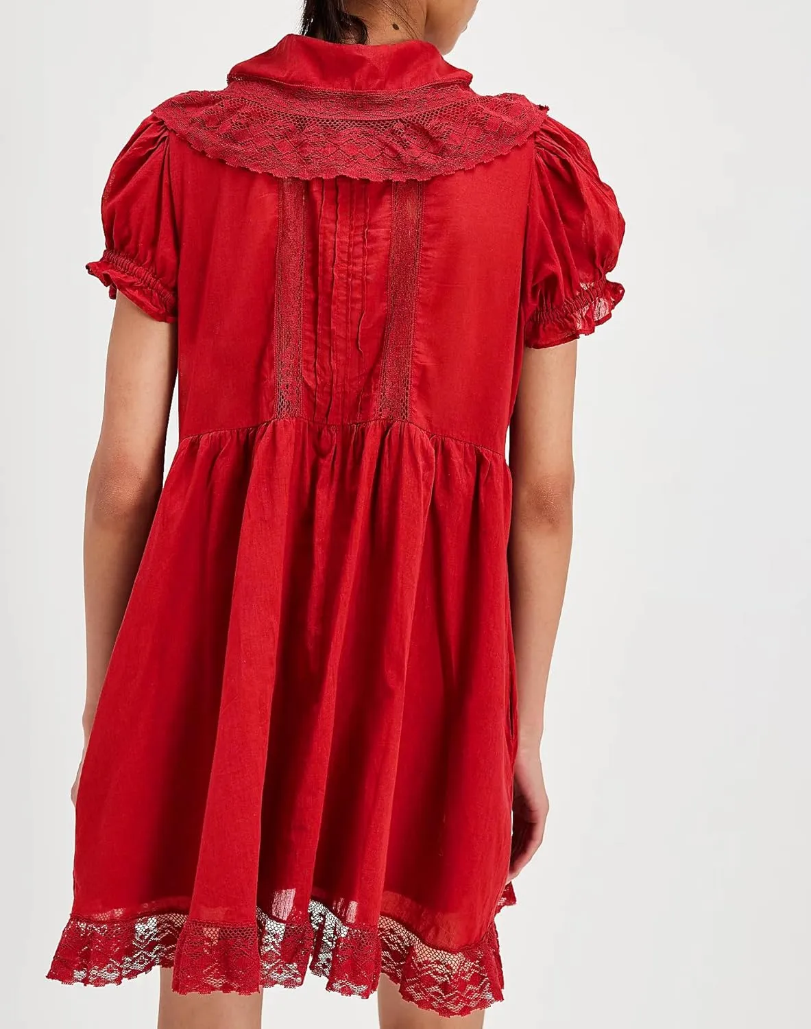 Womens Puff Short Sleeve Mini Dress Flowy Y2k Ruffle Lace Trim Babydoll Tie Bow Front Embroidered A Line Dresses