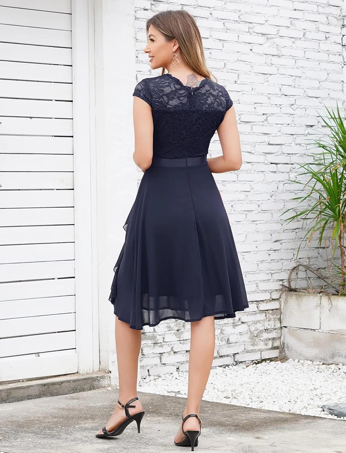 Women's Retro Lace Contrast Chiffon Ruffle Evening Cocktail Dresses, Tea Party Dress for Women 2024 Wedding Dress