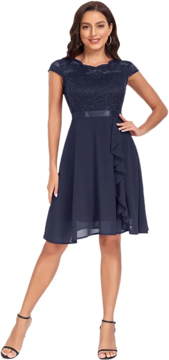 Women's Retro Lace Contrast Chiffon Ruffle Evening Cocktail Dresses, Tea Party Dress for Women 2024 Wedding Dress