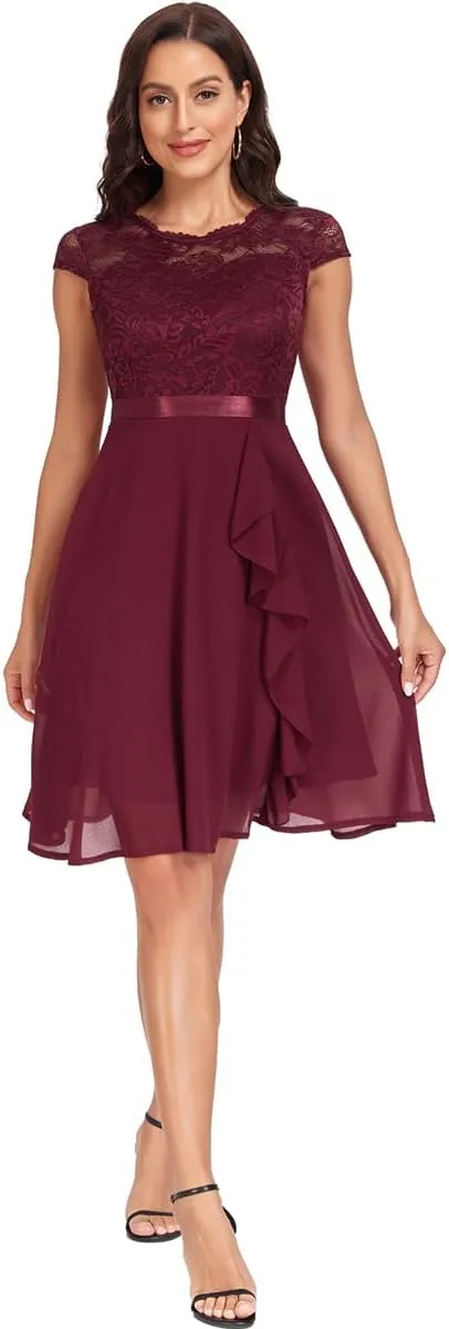 Women's Retro Lace Contrast Chiffon Ruffle Evening Cocktail Dresses, Tea Party Dress for Women 2024 Wedding Dress