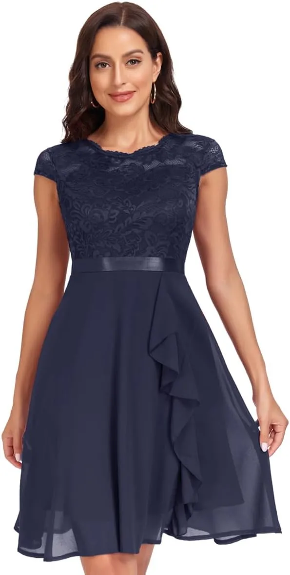 Women's Retro Lace Contrast Chiffon Ruffle Evening Cocktail Dresses, Tea Party Dress for Women 2024 Wedding Dress