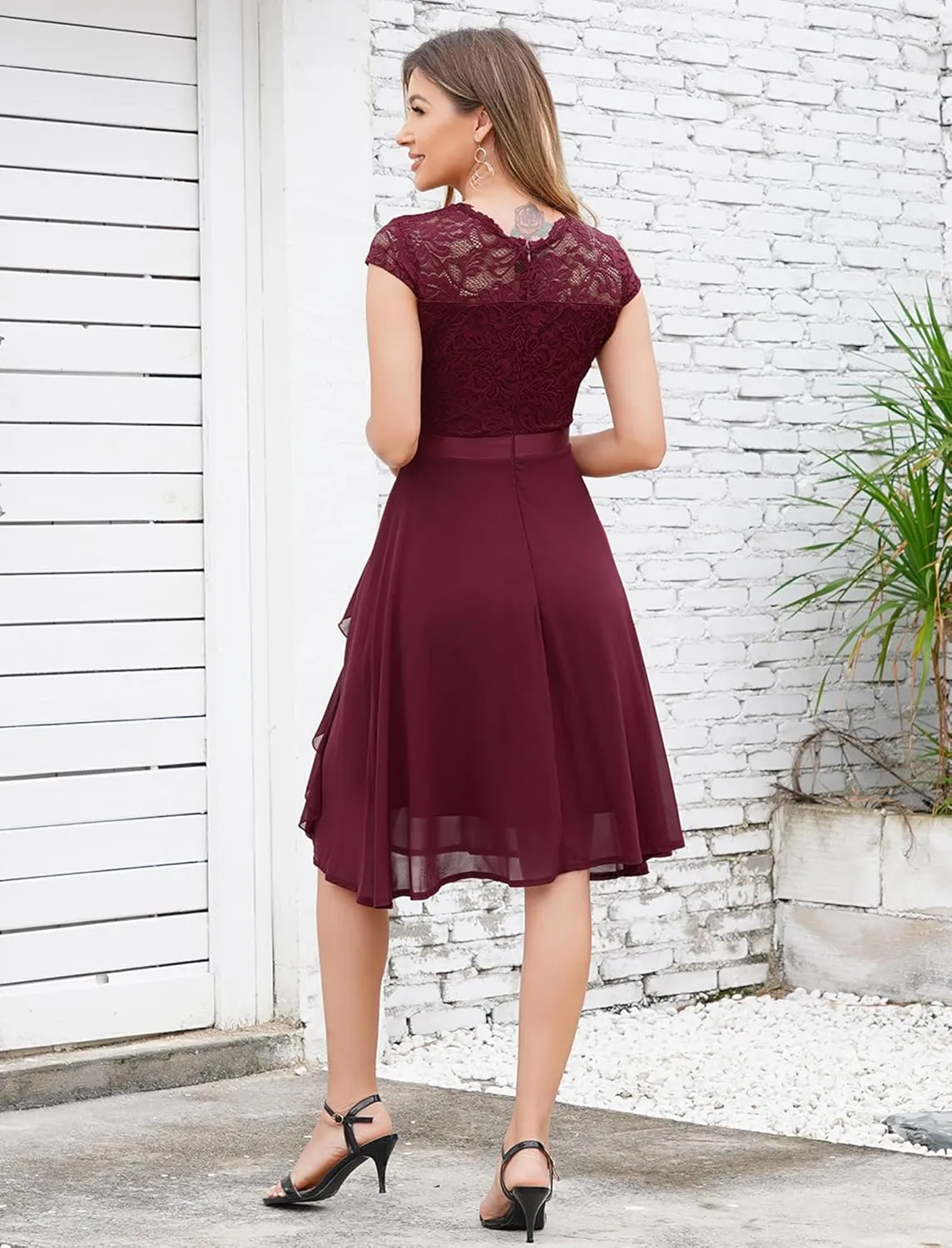 Women's Retro Lace Contrast Chiffon Ruffle Evening Cocktail Dresses, Tea Party Dress for Women 2024 Wedding Dress