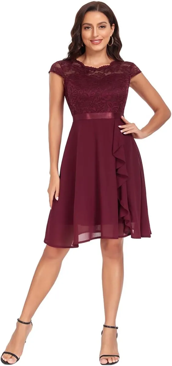 Women's Retro Lace Contrast Chiffon Ruffle Evening Cocktail Dresses, Tea Party Dress for Women 2024 Wedding Dress